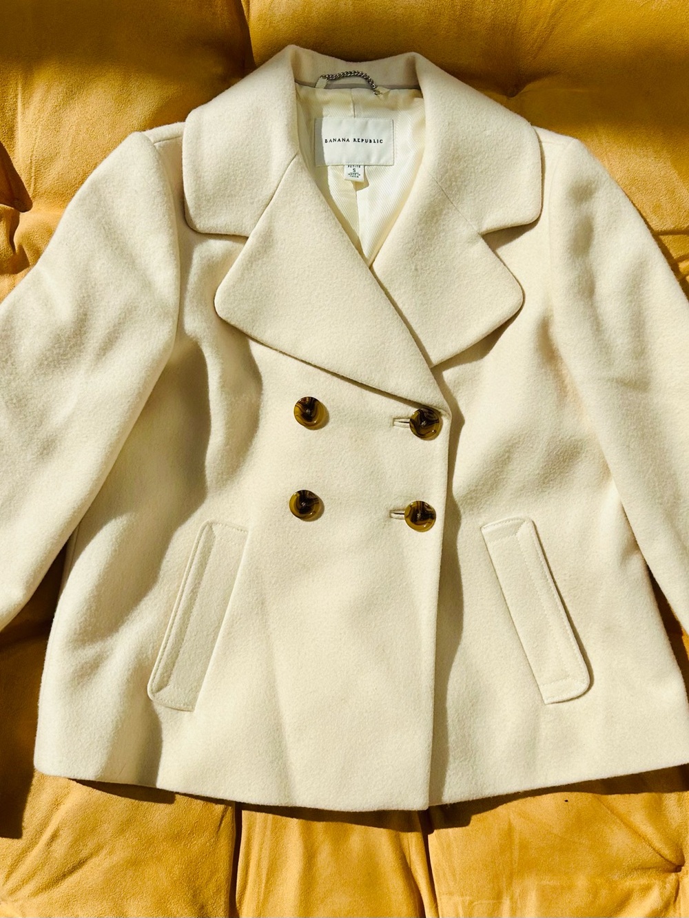 Banana Republic Cream Double-Breasted Pea Coat with Tortoiseshell Buttons